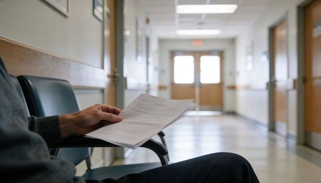 Patient sitting in clinic corridor reading medical forms while waiting for appointment