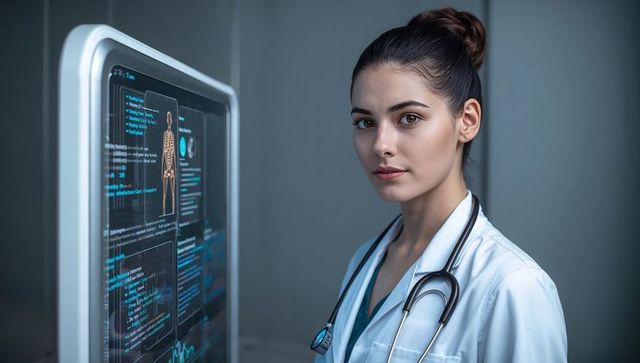 Young female physician examining touchscreen medical dashboard with stethoscope and data