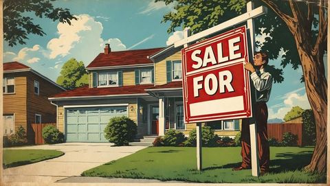 Man adjusting sale sign in suburban neighborhood amid financial struggles