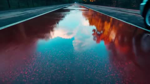 Car on Reflective Red Road Creating Ripples