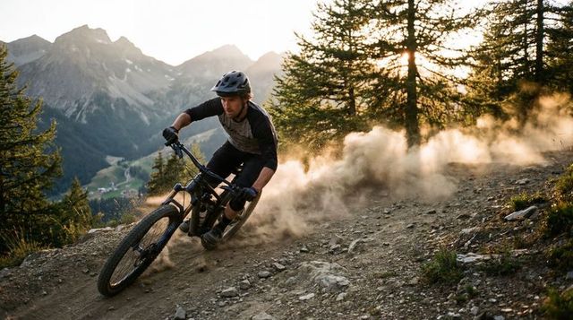 Mountain biker carving dusty alpine singletrack at sunset on rugged downhill trail