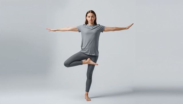 Woman performing tree pose in gray activewear on seamless minimal backdrop for yoga brands
