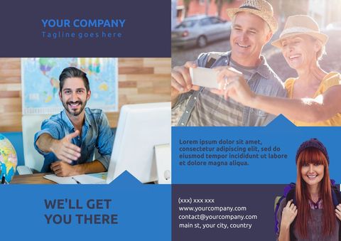 travel service promotion with happy travelers and smiling agent - Download Free Stock Templates Pikwizard.com