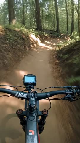 POV Mountain Biker Descending Sunlit Forest Trail | Vertical Action Ride Through Woods