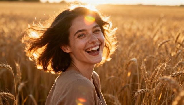 Sunlit young woman laughing while turning in golden wheat field at sunset