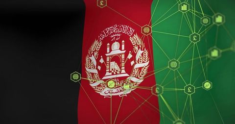 Afghanistan flag merging with neon green digital network and national emblem overlay