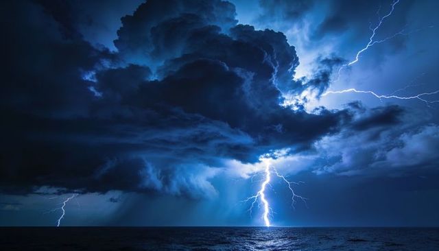 Lightning striking ocean beneath massive storm cloud, night sea glowing with electric bolts