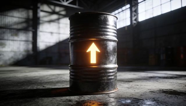 Glowing Arrow Rusty Barrel in Industrial Warehouse Casting Light on Concrete Floor