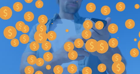 Man Using Smartphone with Fell Dollar Coins on Blue Background