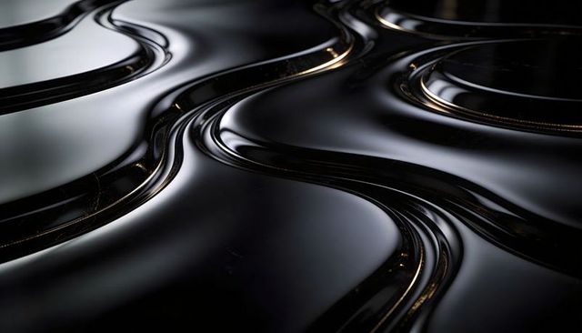 Glossy black undulating ridges with warm specular highlights, serpentine lacquer surface