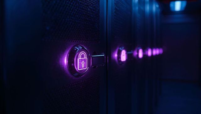 Neon Padlock Security in Modern Data Center Corridor