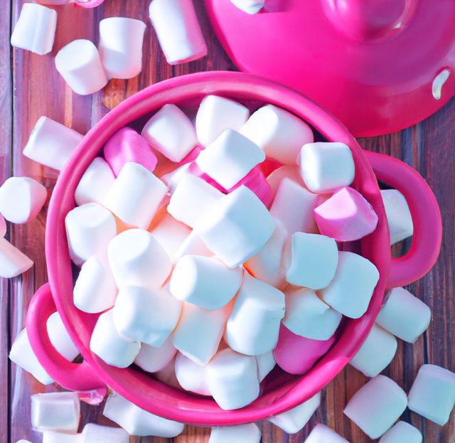 Bowl filled with white marshmallows seen from top, placed on wooden table. Pink container complements marshmallows to give playful appearance. Ideal for dessert promotions, holiday-themed graphics, and cooking blogs. Perfect for use in food tutorials or confectionery product advertisements.
