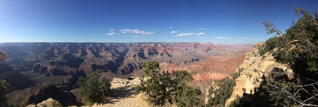 This panoramic view captures the vast expanse of the Grand Canyon under a clear, bright sky. Suitable for travel brochures, nature blogs, and posters advocating outdoor adventures. The vibrant colors of the rock formations contrasted with the greenery make it visually striking.
