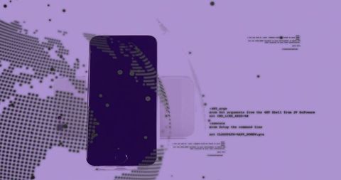 Futuristic smartphone displaying data visualization overlay with world map halftone code