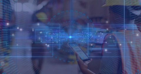 Urban commuter holding phone with augmented reality HUD overlay and data visualization