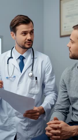 Doctor explaining report to male patient in consultation with stethoscope, vertical video