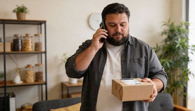 Bearded man inspecting delivery box while calling on smartphone in cozy living room