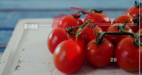 Fresh vine tomatoes with digital overlay on rustic background