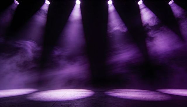 Six overhead spotlights casting violet beams and theatrical fog on empty stage