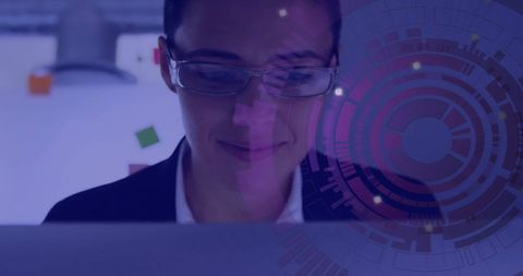 Smiling Businesswoman Using Laptop with Digital Technology Overlay