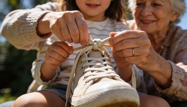Grandmother teaching grandchild to tie sneaker laces closeup hands bonding outdoors