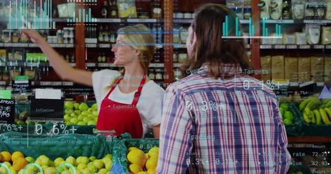 Shopper choosing citrus at rustic market while clerk reaching amid digital data overlays