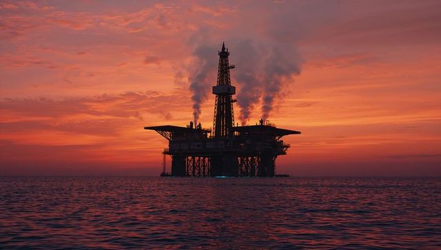 Oil rig in stunning ocean sunset with towering smokestacks