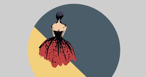 Illustrated fashion model in red dress against geometric background