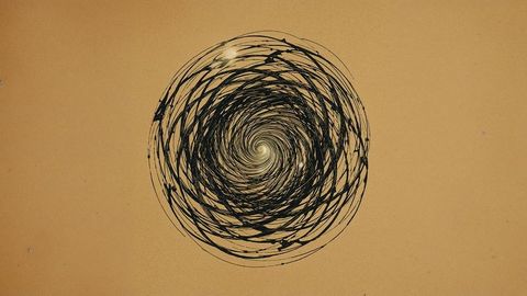 Hypnotic spiral vortex in black ink on tan canvas