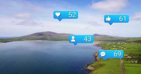 Aerial View with Social Media Icons Over Idyllic Coastal Landscape