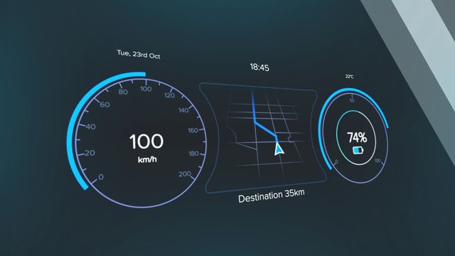 Dynamic digital dashboard displays speed, navigation, date, and battery level in sleek, modern design. Useful for showcasing high-tech solutions, futuristic technology concepts, and innovations in automotive displays. Perfect for presentations relating to interfaces or digital user experiences.