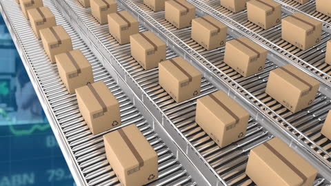 Conveyor Belts Carrying Boxes with Digital Financial Data