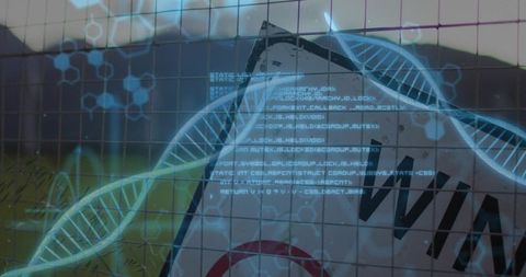 Biotech data overlaying rural warning sign behind chain-link fence with DNA helix