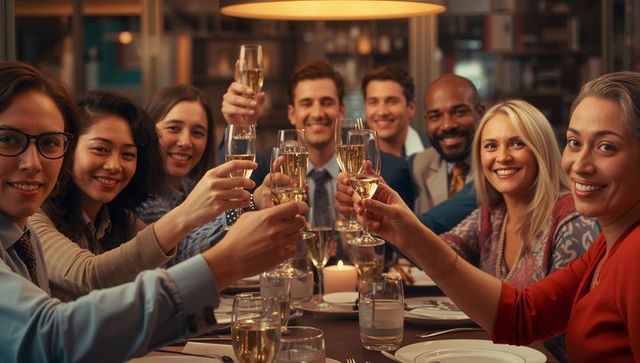 Diverse group of colleagues toasting at elegant dinner gathering