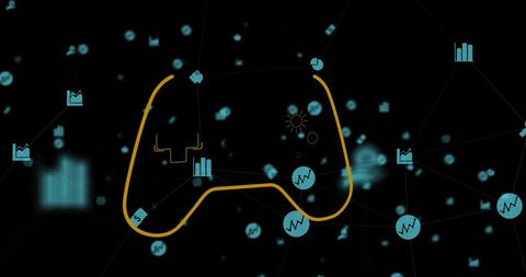 Digital gamepad icon with business symbols on black background