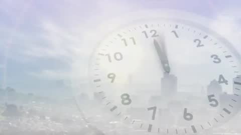 Translucent Clock Overlaying Misty City Skyline at Dawn Conveying Passage of Time