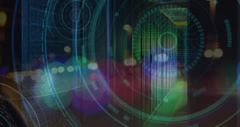 Digital Interface Overlay on Blurred Cityscape and Data Storage