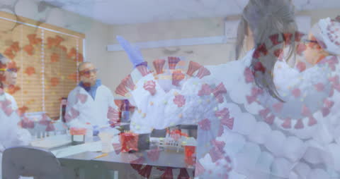 Scientists Collaborating in Laboratory with COVID-19 Symbol Overlay