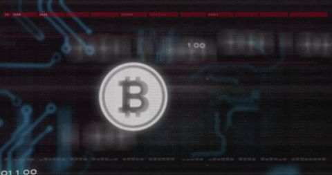 Bitcoin symbol and digital connections over data matrix