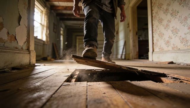 Man stepping on broken floorboard in abandoned hallway wearing work boots and jeans