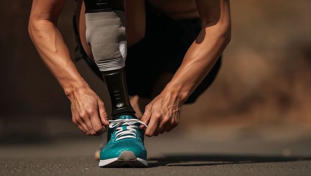 Athlete tying shoe on asphalt with prosthetic leg