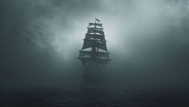 Majestic ship cutting through dense fog in moody seascape