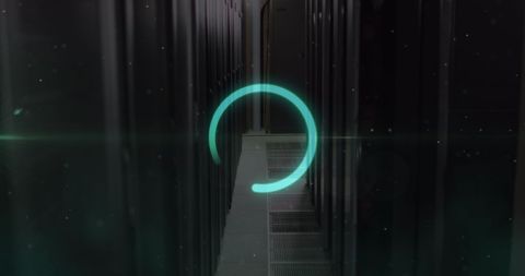 Neon Circular Scanner Overlaying Row of Servers in Data Center