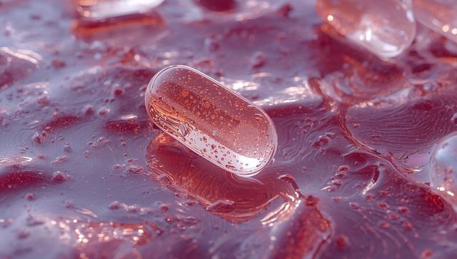 Translucent softgel capsule resting on ruby gel surface with macro bubbles and reflections