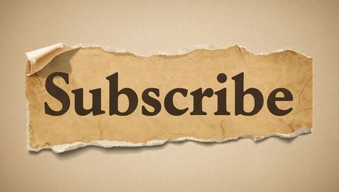 Torn parchment subscribe banner with curling corner and distressed serif typography
