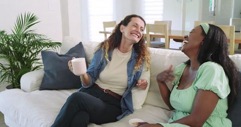 Diverse Female Friends Relaxing with Drinks in Stylish Living Room