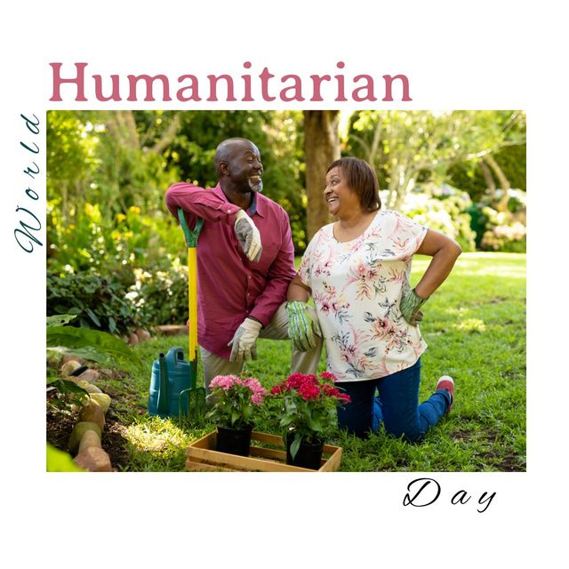Composite of multiracial senior couple gardening in yard and world humanitarian day text, copy space. Love, togetherness, plant, nature, happy, memorial, recognition, sacrifice and humanitarian.