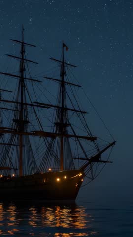 Vertical video: Three-masted tall ship bobbing under starry sky with flag fluttering and lantern glo