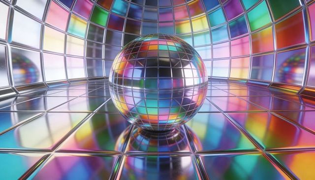 Kaleidoscopic mirrored sphere reflecting chrome grid in futuristic tiled chamber with prism colors