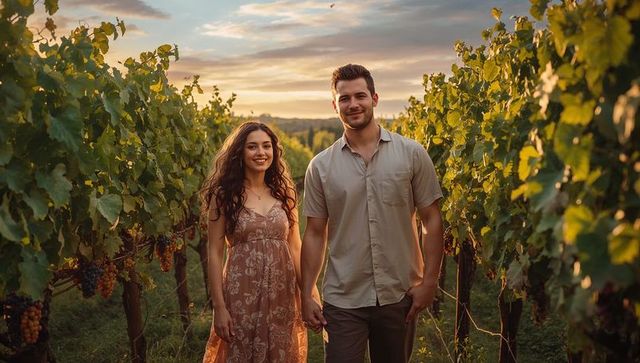 Couple walking hand-in-hand through sunlit vineyard during golden hour romantic sunset stroll